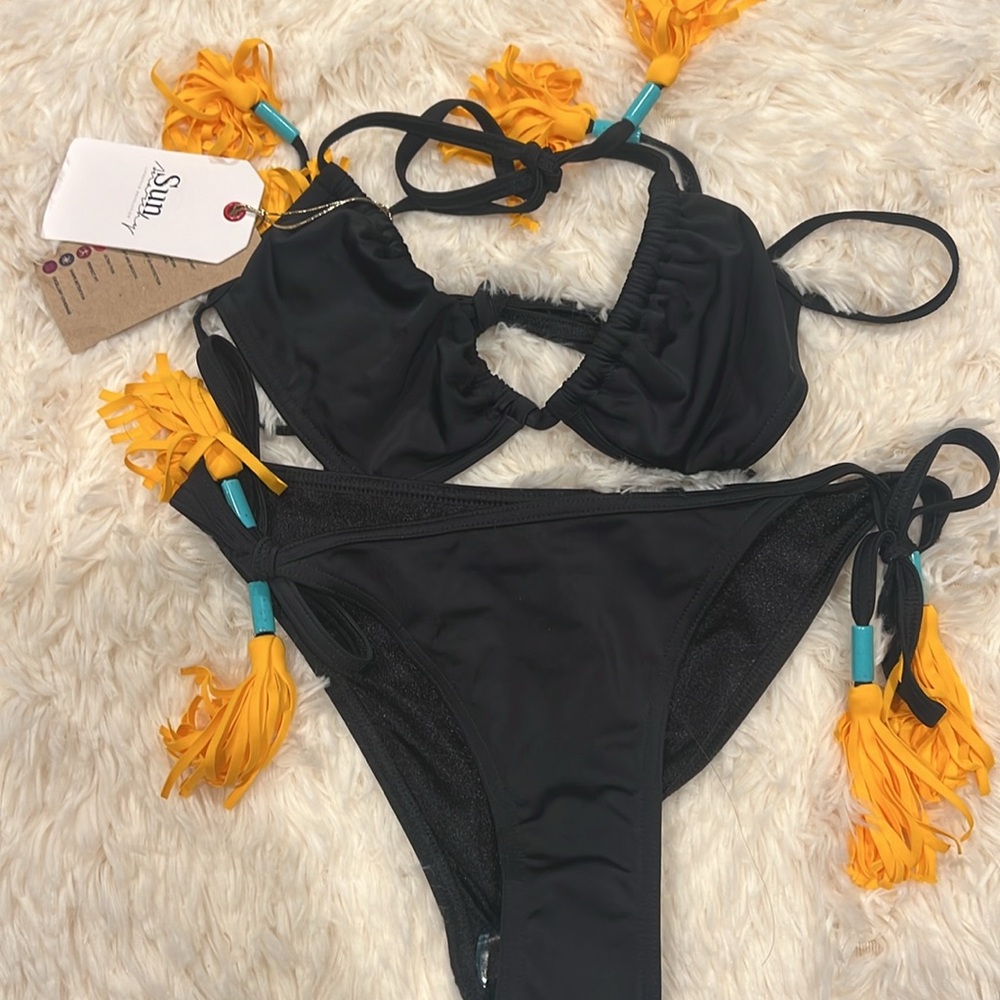 Black bikini swimsuit with yellow ties.